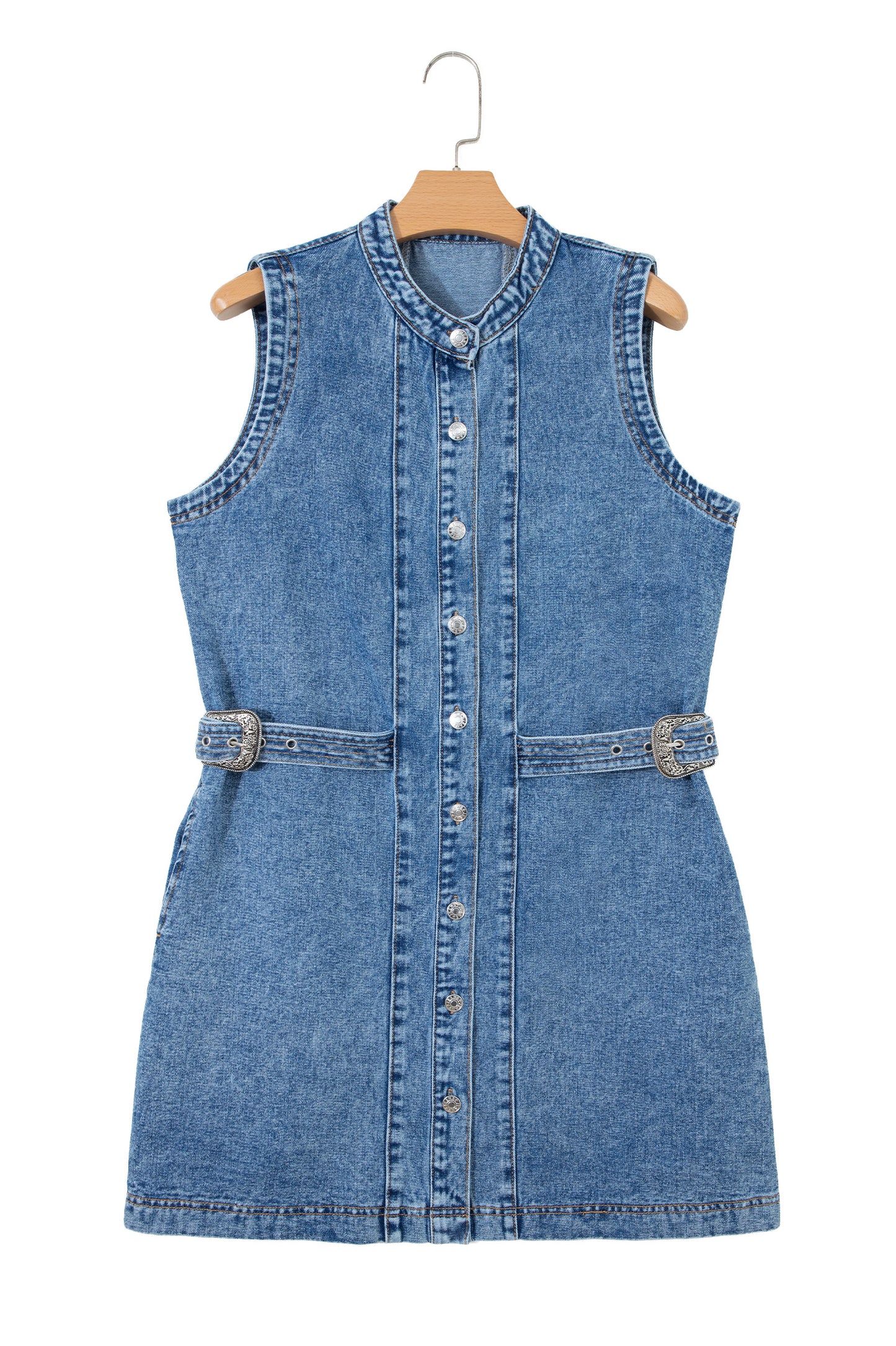 Myosotis Western Belt Button Down Sleeveless Denim Short Dress