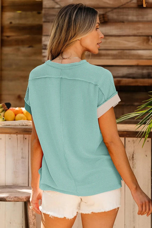 Tops/Tops & Tees Mint Green Textured Colorblock Crew Neck T Shirt