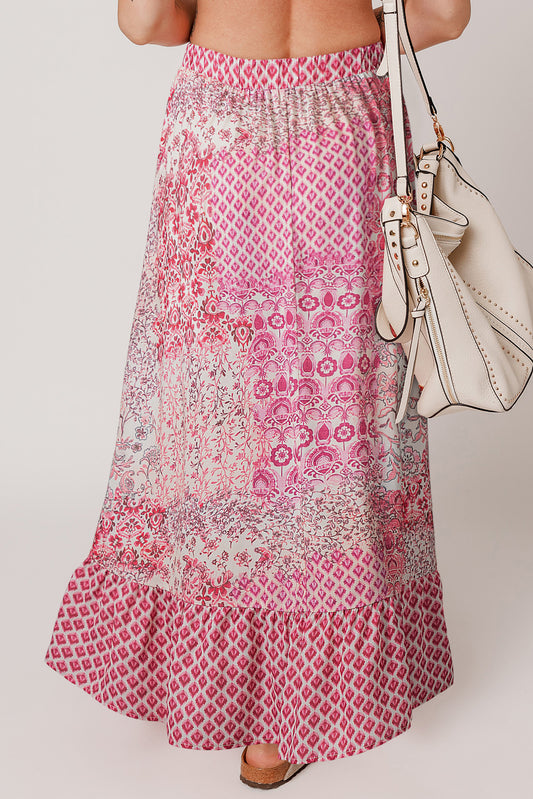 Red Boho Pattern Print Tassel Drawstring High Waist Maxi Dress