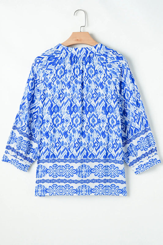 Blue Boho Printed 3/4 Sleeve Tied Neck Blouse - Chic Meadow Boutique