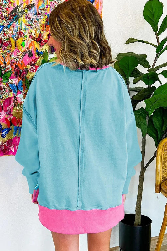 Tops/Sweatshirts & Hoodies Light Blue Colorblock Patchwork Crew Neck Loose Sweatshirt