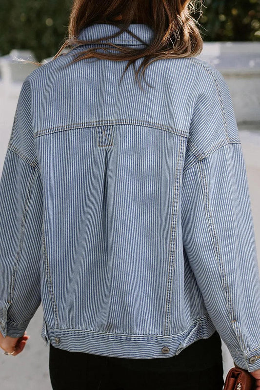 Outerwear/Denim jackets Sky Blue Stripe Washed Oversize Pocketed Denim Jacket