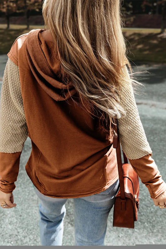 Chestnut Contrast Sleeves Patchwork Colorblock Hoodie - Chic Meadow Boutique