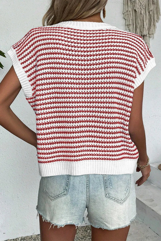 Red Stripe Ribbed Trim Loose Fit Knitted Sweater Vest - Chic Meadow Boutique