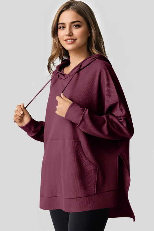 Red Dahlia Waffle Knit Fleece Lined High Low Oversized Hoodie - Chic Meadow Boutique