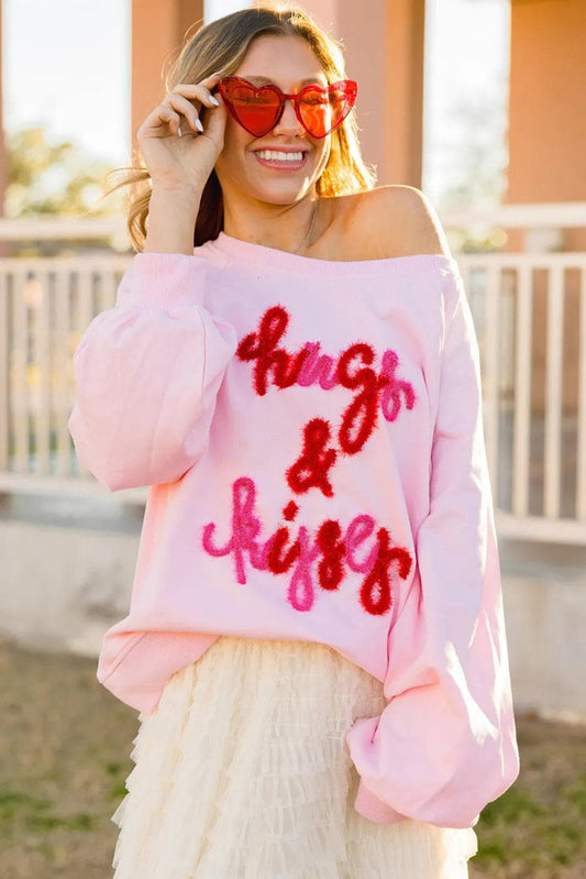 Tops/Sweatshirts & Hoodies Pink Hugs and Kisses Pop Up Embroidered Raglan Sleeve Sweatshirt