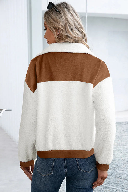 Chestnut Corduroy Color Block Contrast Patchwork Fuzzy Jacket - Chic Meadow Boutique