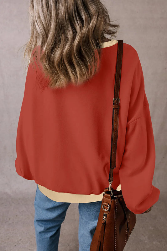 Red Clay Color Block Patch Drop Shoulder Oversized Sweatshirt - Chic Meadow Boutique