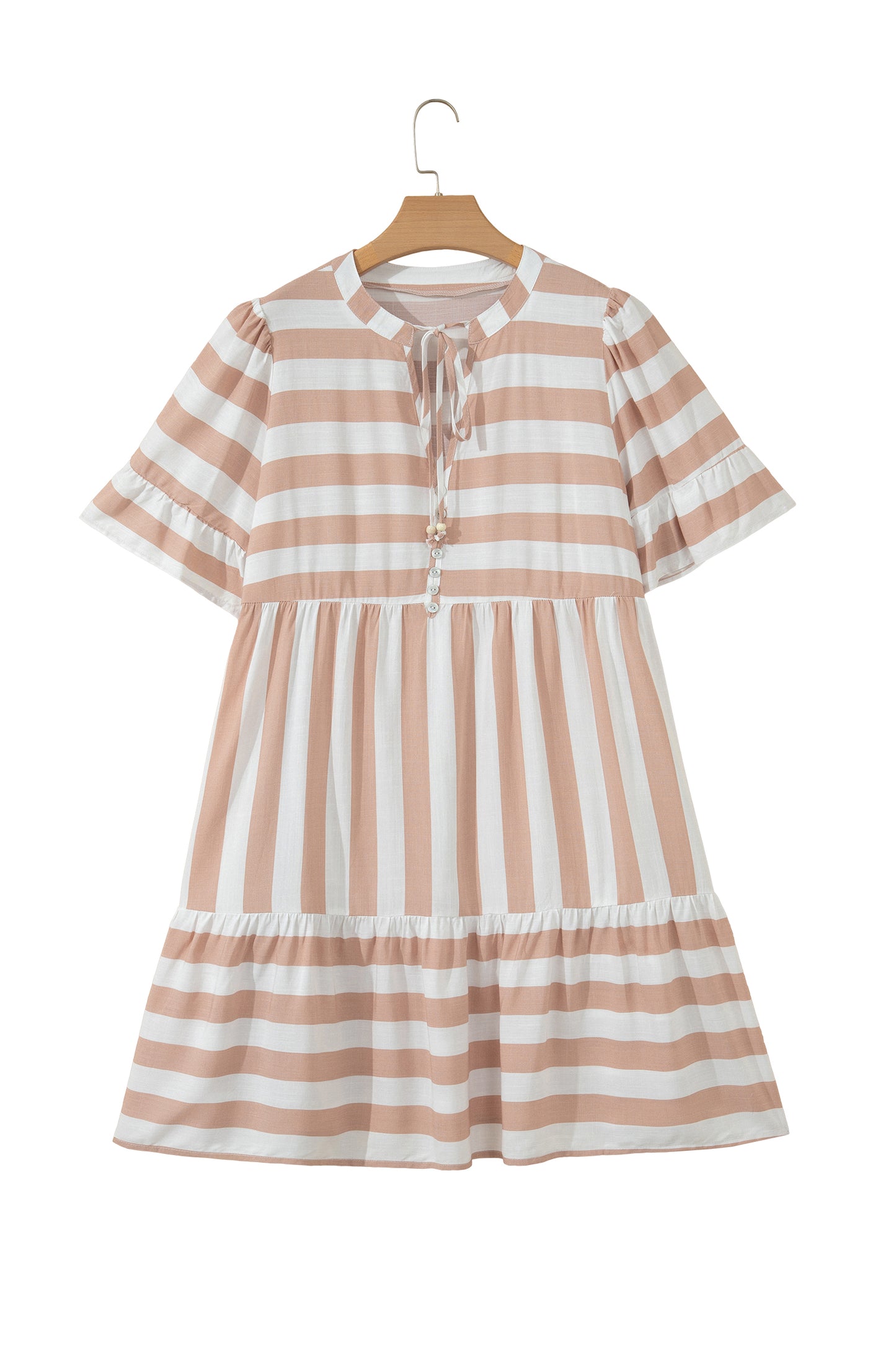 Khaki Stripe Tie V Neck Ruffle Trim Short Sleeve Flared Summer Dress