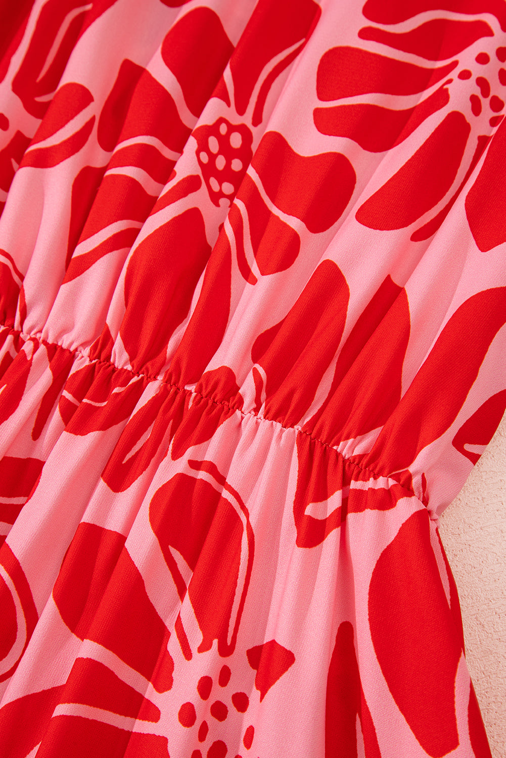 Red Boho Floral Short Sleeve V Neck Buttoned Shirred Waist Long Dress