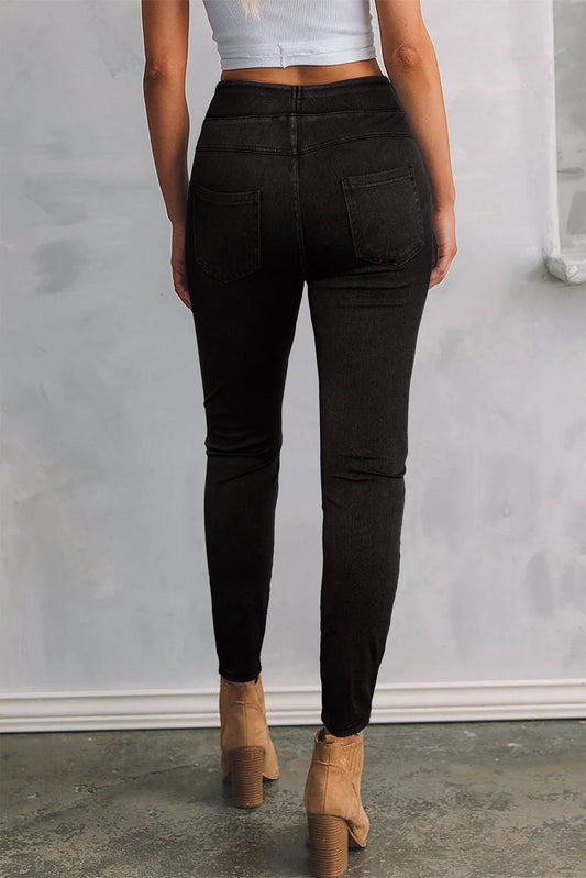 Black Back Pocket Stretchy Denim Casual Leggings - Chic Meadow Boutique