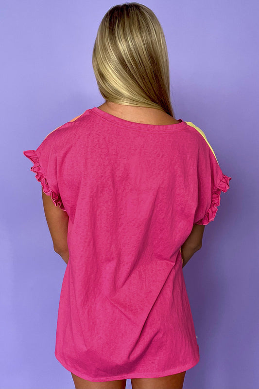 Rose Red Color Block Ruffled Crew Neck Loose Fit T Shirt