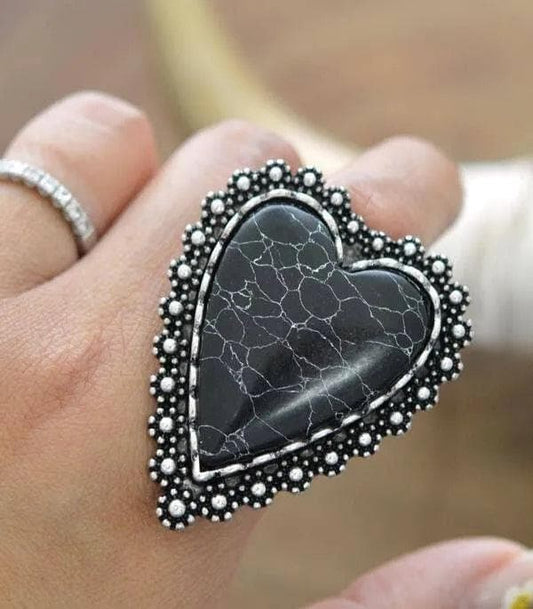 Jewelry Black Western Statement Adjustable Heart Ring