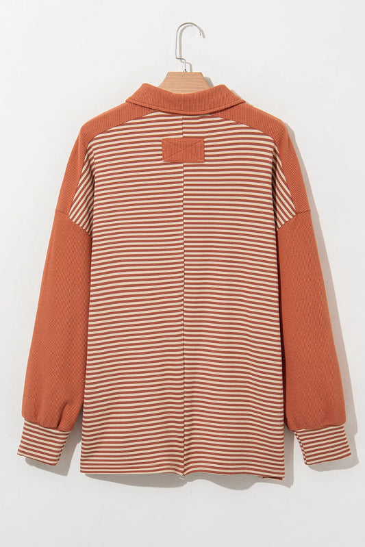 Red Stripe Textured Patched Drop Shoulder Buttoned Plus Size Sweatshirt - Chic Meadow Boutique