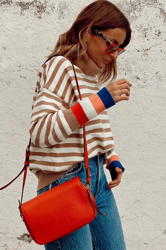 Brown Stripe Colorblock Bishop Sleeve Turtleneck Sweater - Chic Meadow Boutique