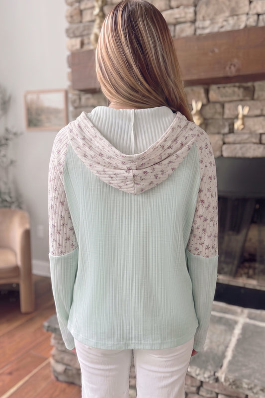 Clearly Aqua Textured Floral Patchwork Button Hooded Long Sleeve Top