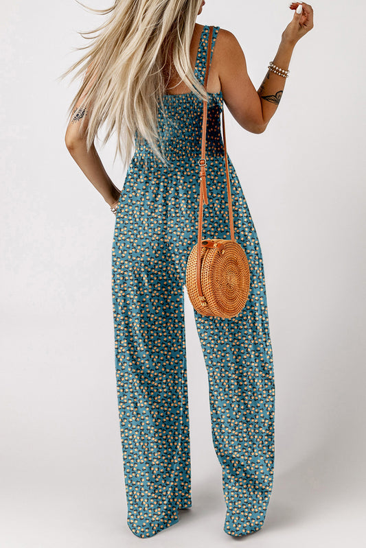Green Floral Print Smocked High Waist Square Neck Jumpsuit