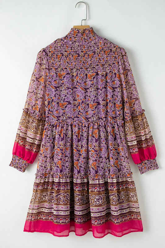Purple Floral Smocked Puff Sleeve High Neck Mini Dress - Chic Meadow Boutique