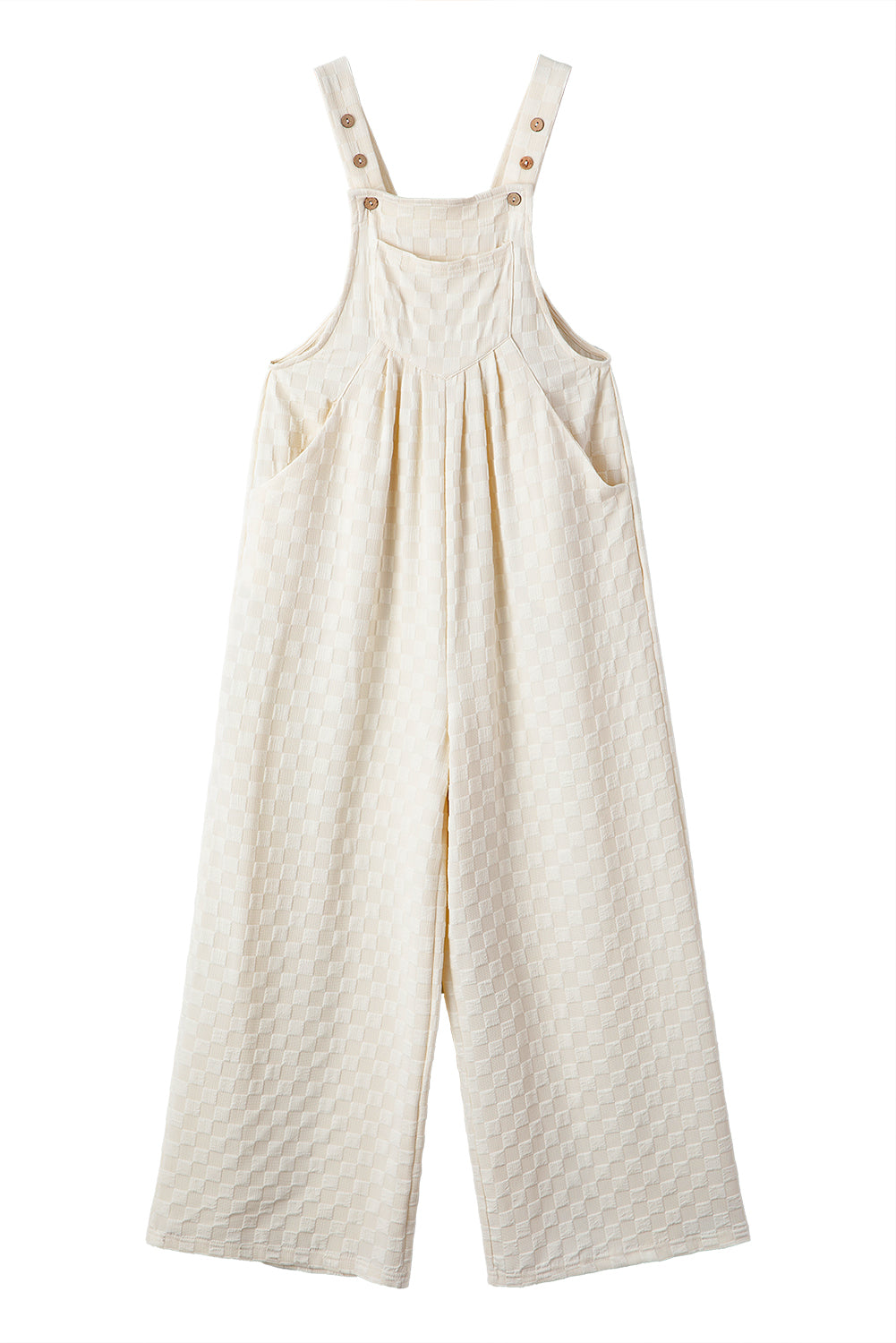 Beige Checkered Pocketed High Waist Wide Leg Overall