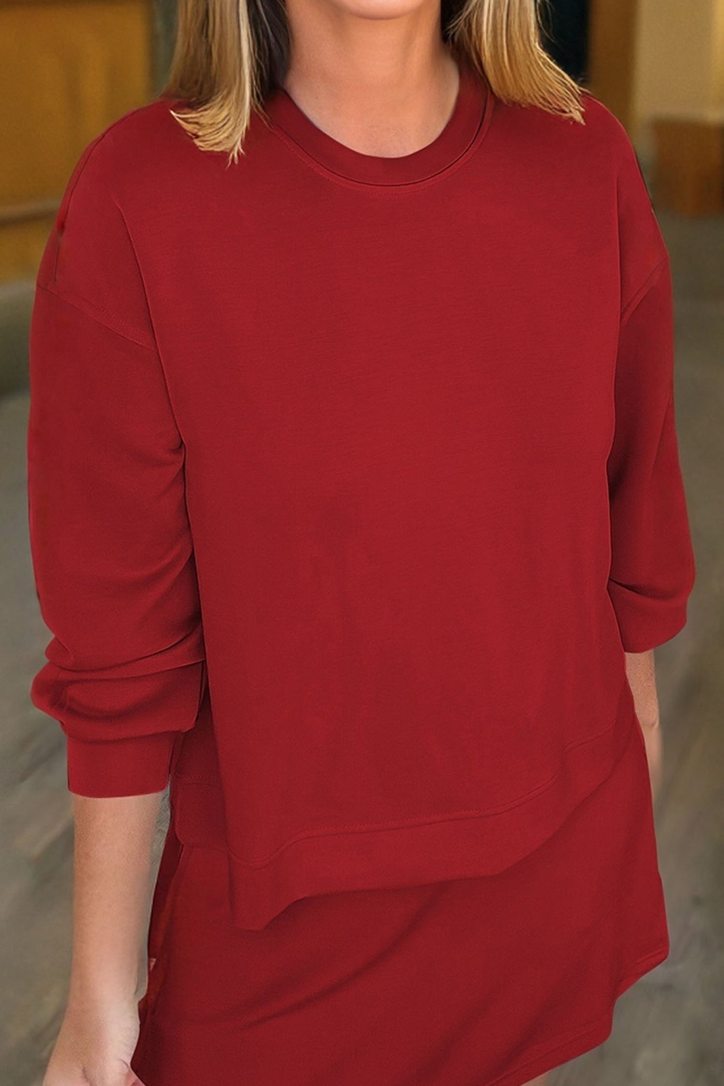 Racing Red Solid Color Drop Shoulder Pullover Drawstring Mini Skirt 2pcs Outfit