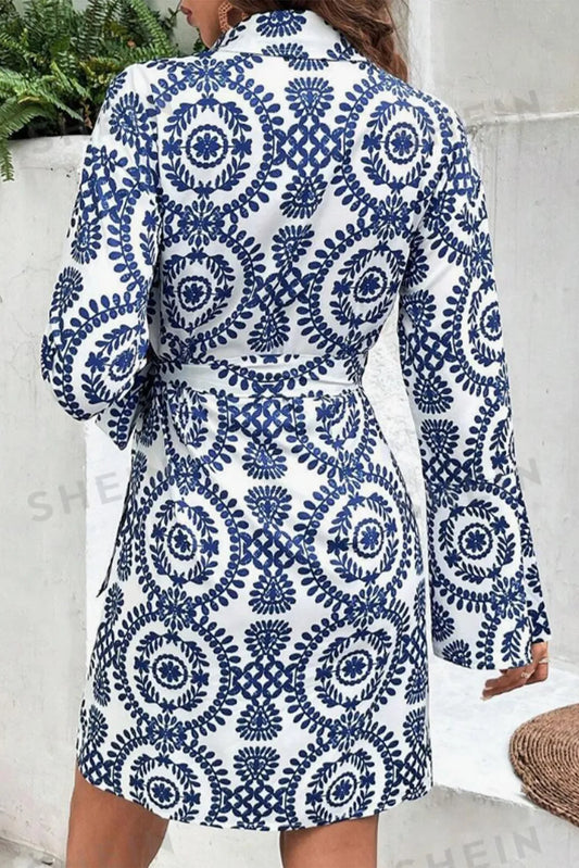 Blue Floral Print V Neck Wrapped Knot Long Sleeve Dress - Chic Meadow Boutique