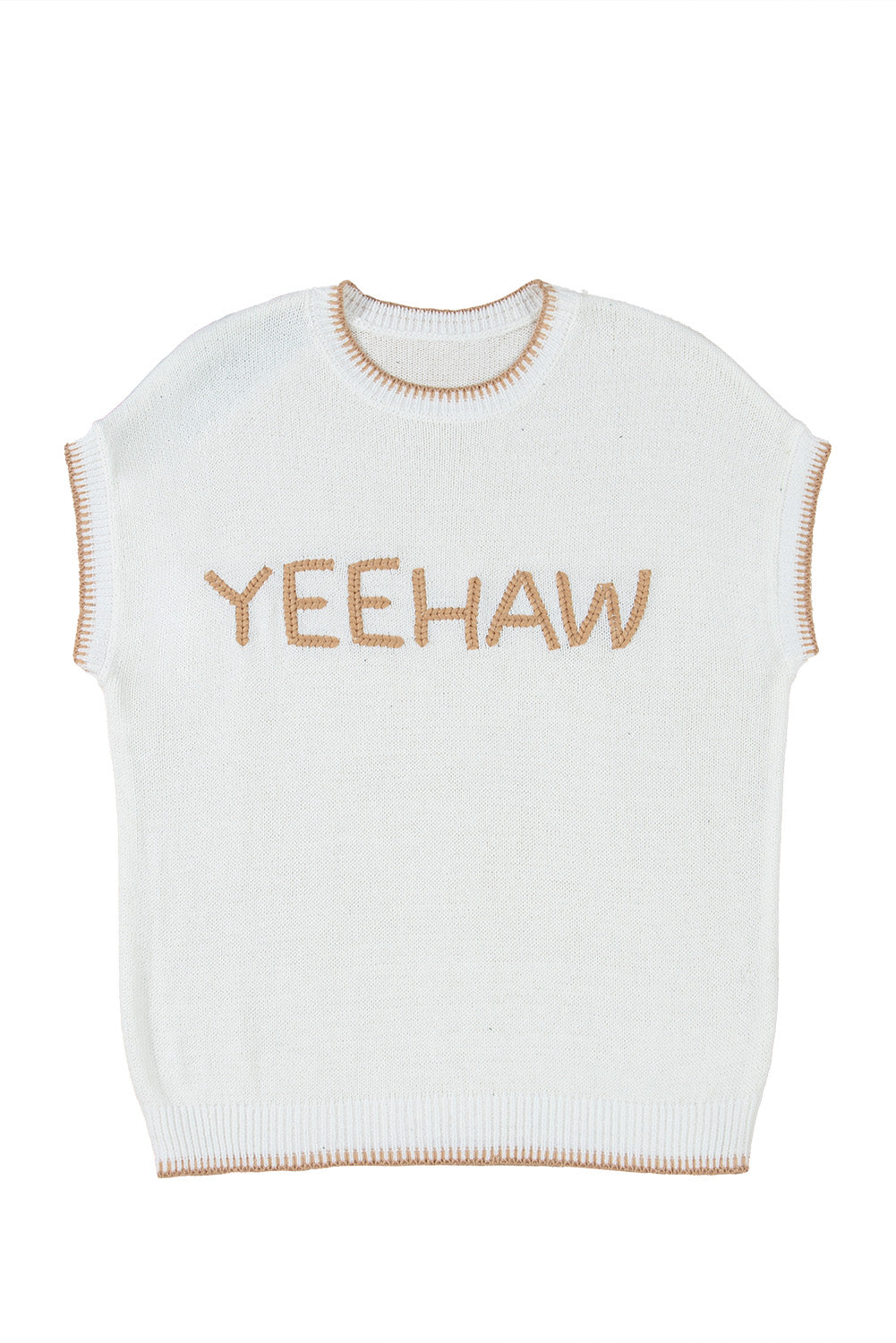 White Knitted YEEHAW Stitch Edge Crew Neck Sweater T Shirt