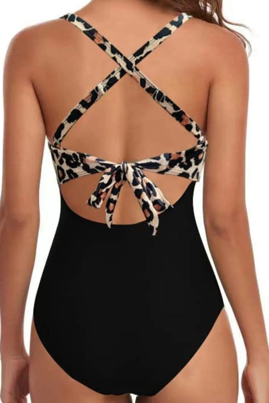 Black Leopard 2-tone Crossed Cutout Backless Monokini - Chic Meadow Boutique