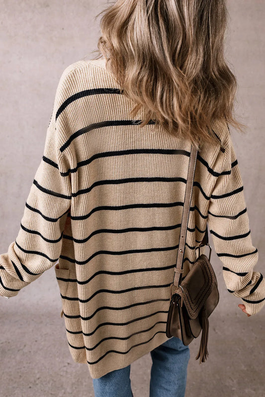 Black Stripe Shawl Neckline Open Cardigan with Pockets - Chic Meadow Boutique