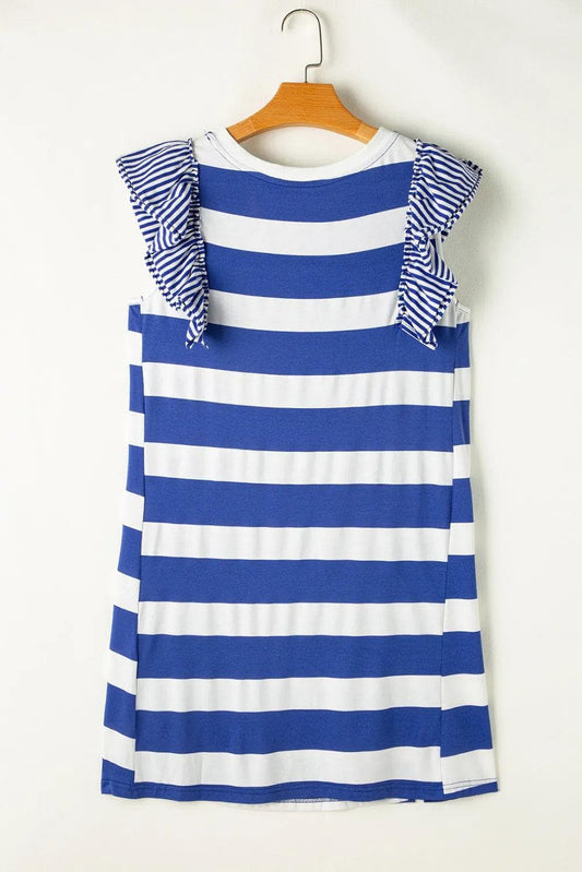 Dresses/T Shirt Dresses Sky Blue Stripe Contrast Ruffled Sleeve T-shirt Dress