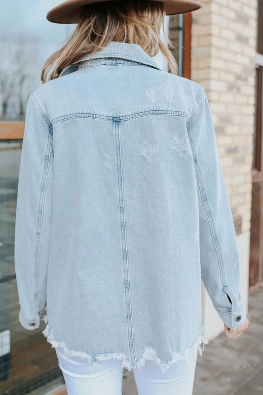 Sky Blue Flap Pocket Buttoned Raw Hem Denim Jacket - Chic Meadow Boutique