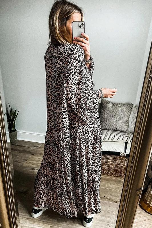 Dresses/Maxi Dresses Apricot Leopard Print Tiered Wide Sleeve Maxi Dress