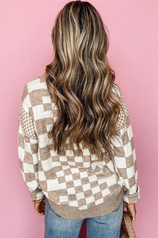 Sweaters & Cardigans/Sweaters Khaki Checkered Print Drop Shoulder Round Neck Sweater