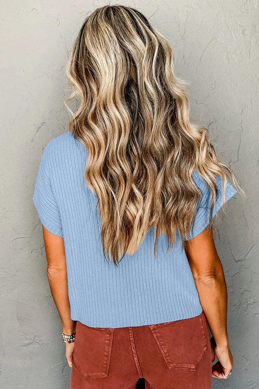 Beau Blue Patch Pocket Ribbed Knit Short Sleeve Sweater - Chic Meadow Boutique