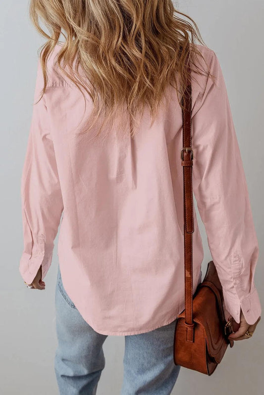 Tops/Blouses & Shirts Light Pink Pleated Button-Up Loose Fit Casual Shirt