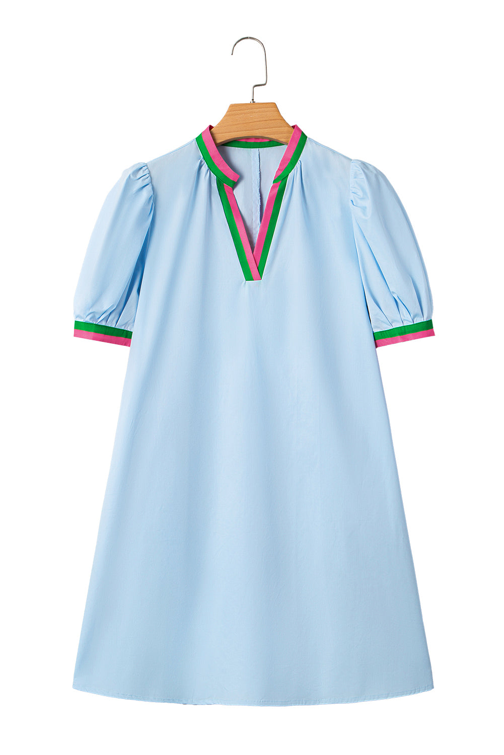 Myosotis Contrast Striped Notched V Neck Puff Sleeve Mini Dress