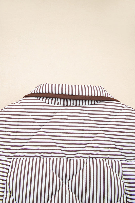Brown Stripe Snap Button Scalloped Hem Collared Winter Vest