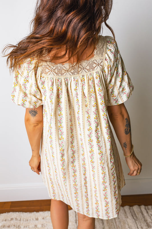 Multicolour Floral Print Contrast Ribbon Bow Lace Trim Square Neck Mini Dress