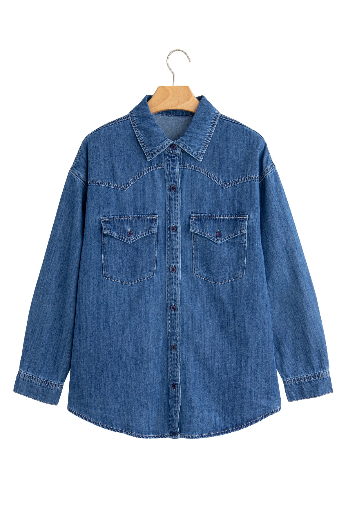 Sail Blue Western Patch Pockets Tunic Length Long Sleeve Denim Shirt
