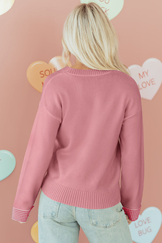 Light Pink Plaid Heart Embroidered Cuffed Drop Shoulder Crew Neck Sweater