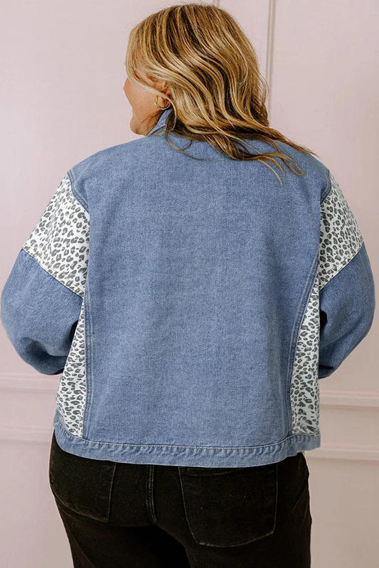 Plus Size/Plus Size Outerwear Beau Blue Leopard Patchwork Flap Detail Plus Size Denim Jacket