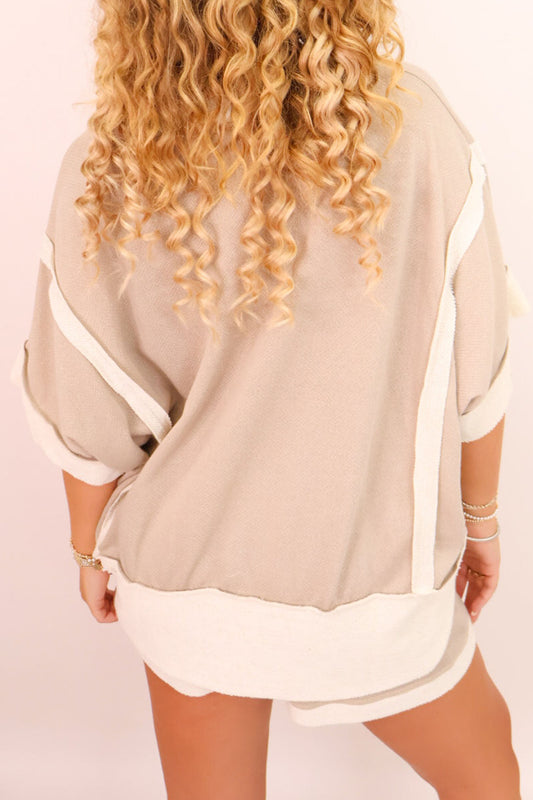 Beige Raw Edge Color Block Patchwork Oversize Tee Drawstring Loose Shorts 2pcs Set