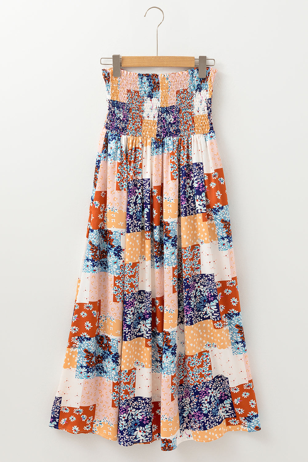 Orange Floral Patchwork Printed Frilled Bandeau Smocked High Waist Long Dress