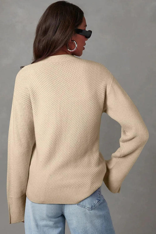 Sweaters & Cardigans/Sweaters Parchment Solid Textured Knit Split Cuff Drop Shoulder Loose Sweater