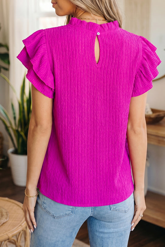 Rose Red Solid Color Textured Ruffle Trim Short Sleeve Blouse