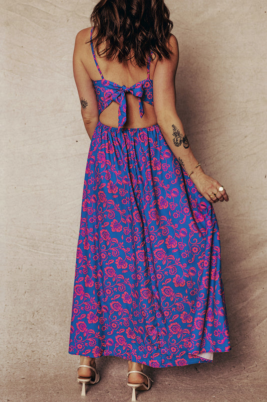 Blue Floral Print Twisted V Neck Tied Backless Maxi Dress