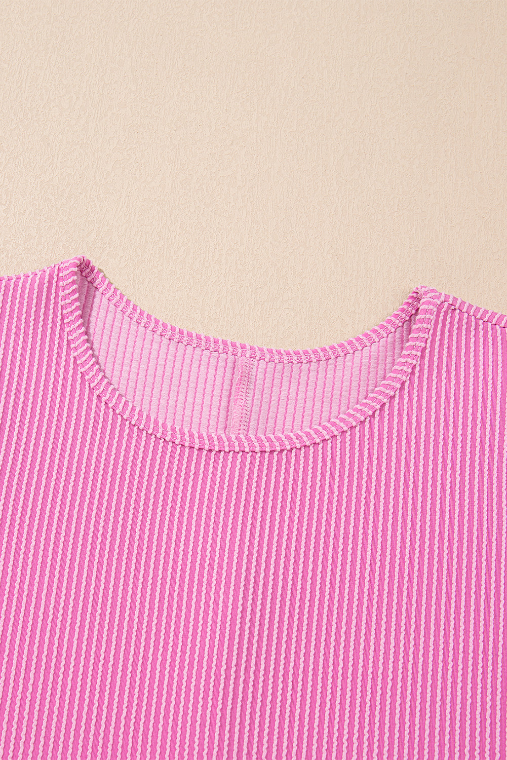 Bright Pink Corded Knit Crew Neck Puff Sleeve Shift Mini Dress