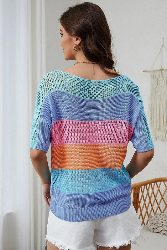 Tops/Tops & Tees Sky Blue Knitted Eyelet Colorblock Striped Half Sleeves Top