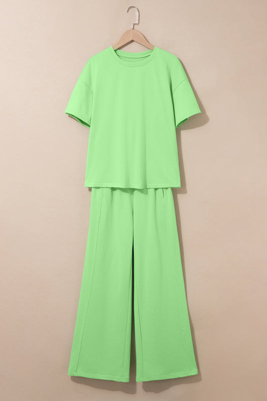 Green Solid Cover Oversize Tee Pocketed Casual Pants 2pcs Outfit