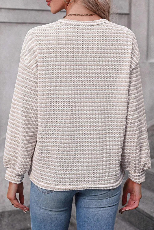Tops/Long Sleeve Tops Khaki Stripe Round Neck Drop Shoulder Long Sleeve Top