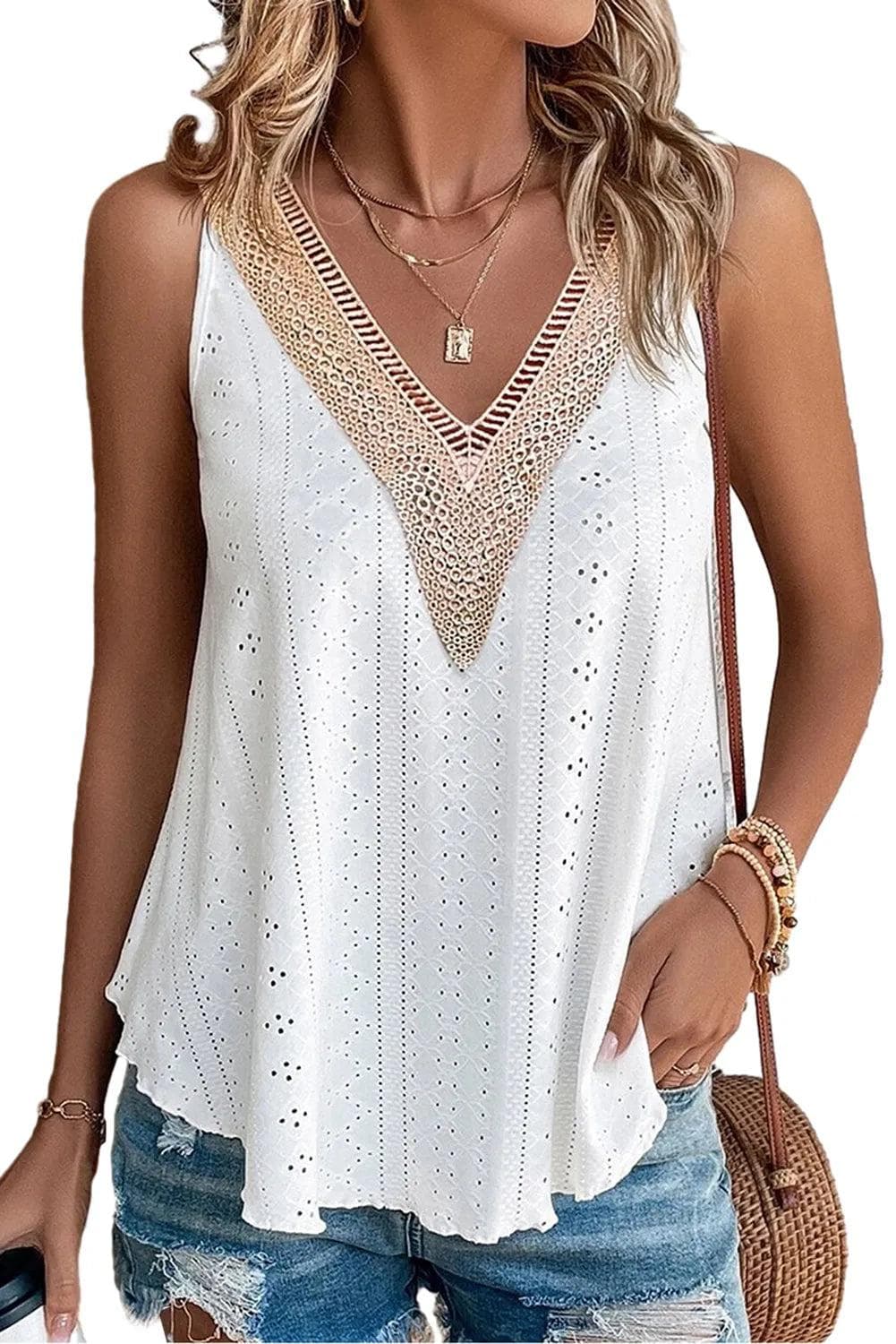 Tops/Tank Tops White Lace Crochet Splicing V Neck Loose Fit Tank Top